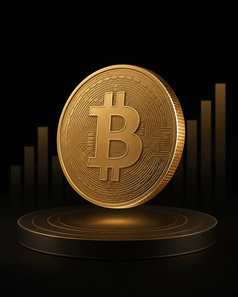 Bitcoin sobre uma base, com barras de mercado ao fundo